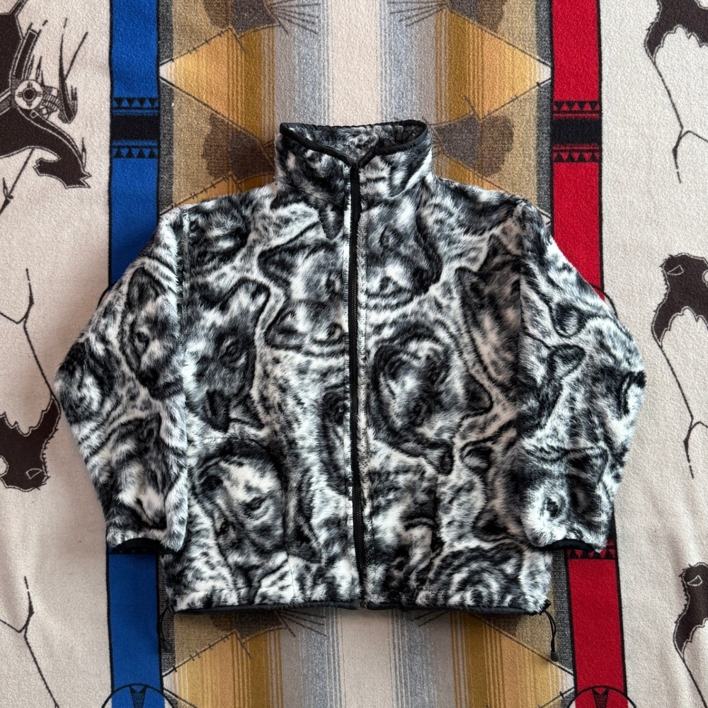 Earth Ragz Mens Wolf Print Fleece Jacket Black White Zip Up Mock Neck Medium